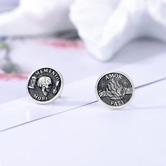 Memento Mori Stud Earrings S925 Sterling Silver Jewelry Gift for Men No Gemstone - Picture 2 of 7